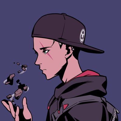 A digital illustration of an anime-style character wearing a black cap with a skull logo, a black and red hoodie, and a scar across their cheek, with floating dark shards/crystals near their hand against a blue background.