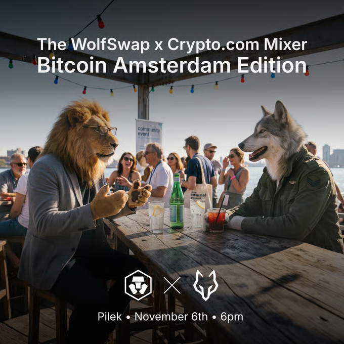 A promotional graphic for "The WolSwap x Crypto.com Mixer Bitcoin Amsterdam Edition" features an anthropomorphized lion in glasses and a wolf sitting across from each other at a waterfront bar, with onlookers mingling behind them under string lights. The event details read "Pilek • November 6th • 6pm" alongside the WolSwap and Crypto.com logos, tying directly into the announcement of their collaborative community mixer at Pllek during Bitcoin Amsterdam.