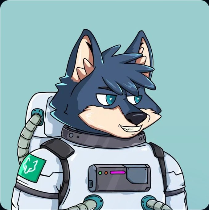 A cartoon illustration of a blue and tan furry wolf character wearing a futuristic white astronaut suit with tubes and a chest panel, set against a light teal background.