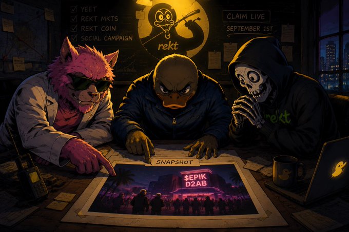 An illustrated dark scene featuring three cartoon characters (a pink wolf, an angry bald figure, and a skeletal figure in a hoodie) examining a snapshot document showing 'SEPIK D2AB' with a 'rekt' logo on the wall.