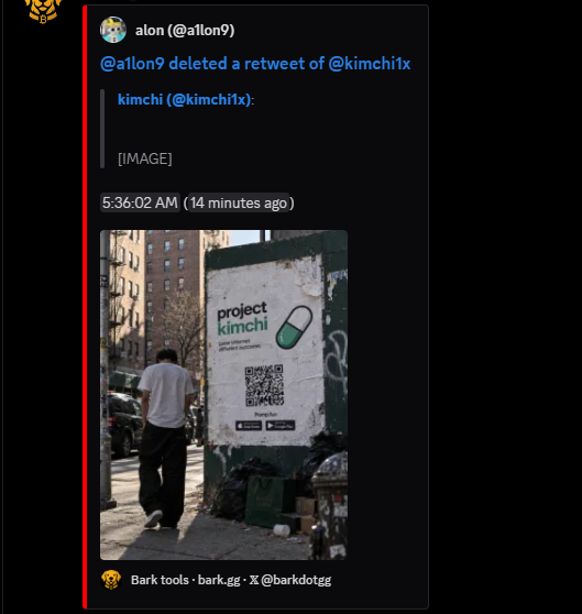 A screenshot of a deleted retweet by Elon (@elon9) promoting $kimchi (@kimchix), timestamped 5:36:02 AM and marked “14 minutes ago.” It shows a street poster for “project kimchi” with a pill graphic and QR code, echoing the accompanying accusation that promoting $kimchi enabled a rug pull that caused investors to lose money.