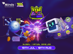 A promotional graphic for 'Minds VIBE' featuring a 'VIBE BLAZ' event on '15TH JUL - 16TH AUG' with cartoon characters and neon gaming aesthetic.