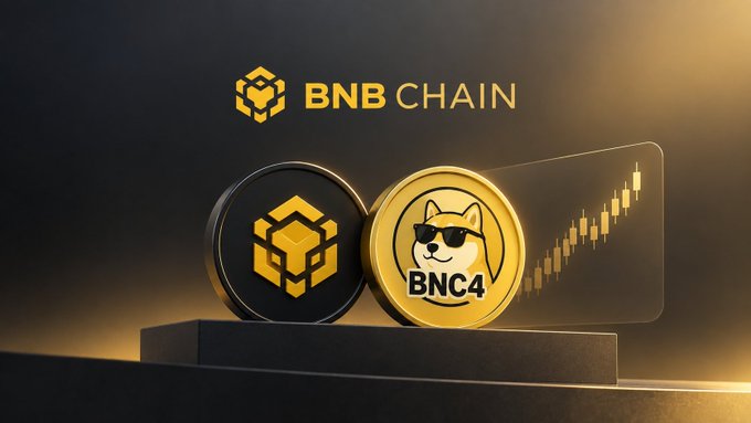 A sleek promotional graphic features the "BNB CHAIN" logo above two golden tokens—one displaying the BNB cube emblem and another labeled "BNC4" with a Shiba Inu wearing sunglasses—set against a dark background with a rising candlestick chart, visually representing the launch of the first $BNC4 stock meme on Four(.)meme's new 4Stock platform.