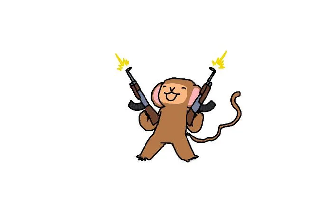 A cartoon monkey stands triumphantly with its arms raised, holding two rifles that are firing, with a long tail curling behind it. The image serves as a humorous meme expressing chaotic, over-the-top gratitude—likely jokingly thanking contributors (and playfully dissing one excluded person) for helping pump a trading chart up and down.