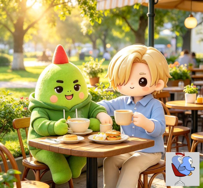 A cute 3D-style illustration features a boy with blonde hair and a person in a green, pear-shaped costume enjoying coffee and snacks together at an outdoor cafe on a sunny day.