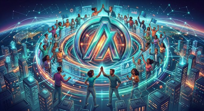 The image features a group of people standing around each other, with some holding hands and others giving high fives. They are all wearing blue shirts that say "Algorand". The background shows a cityscape filled with buildings and neon lights, creating an urban atmosphere. The caption to the image reads "#Algorand's community is unbeatable because it'S the coolest #blockchain out there."