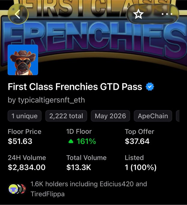 A screenshot of an NFT collection page for "First Class Frenchies GTD Pass" by typicaltigersnft_eth, showing a floor price of $51.63 with a 161% increase, 24H volume of $2,834.00, and 1.6K holders.