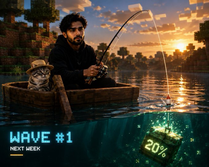 A Minecraft-style image showing a man fishing from a boat with a cat wearing a straw hat, with text 'WAVE #1' and 'NEXT WEEK' and '20%' visible in the scene.