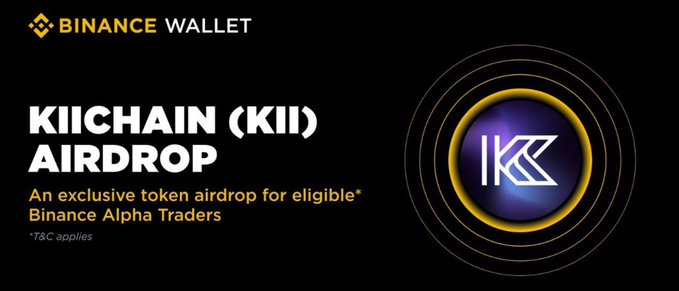 An announcement graphic from 'BINANCE WALLET' for a 'KIICHAIN (KII) AIRDROP', described as 'An exclusive token airdrop for eligible* Binance Alpha Traders' with a footnote '*T&C applies'.