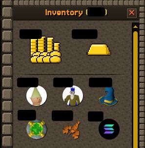 An inventory screen from a video game displays items including gold coins/bars, a pointed hat, a blue wizard hat, a potion bottle, and an emblem.