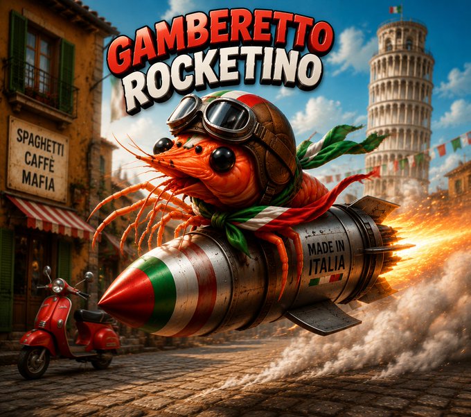 A vibrant, stylized illustration featuring a giant shrimp wearing an aviator helmet riding a 'MADE IN ITALIA' rocket through a street scene with the Leaning Tower of Pisa and a sign reading 'SPAGHETTI CAFFE MAFIA', under the title 'GAMBERETTO ROCKETINO'.