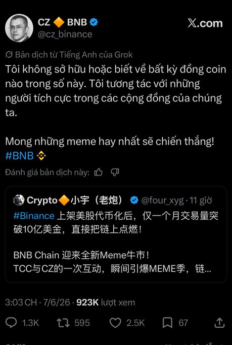 A tweet from CZ (@cz_binance) stating he does not own any of the meme coins mentioned, with a quote tweet from @four_xyg about BNB Chain's meme season and a #BNB hashtag.