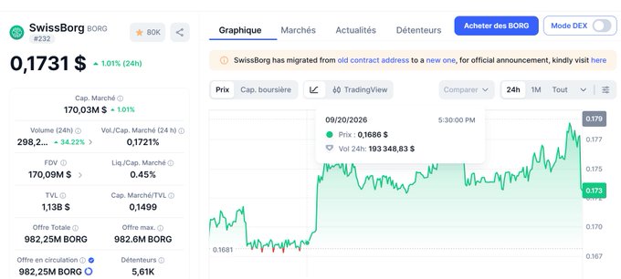 A CoinGecko cryptocurrency page showing SwissBorg (BORG) priced at $0.1731, up 1.01%, with a 24-hour price chart displayed.