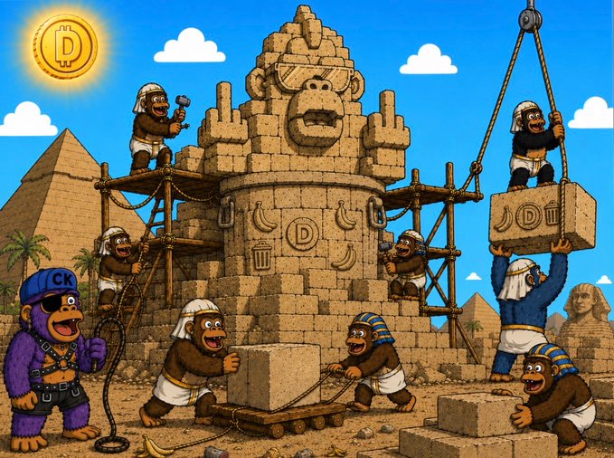 A cartoon illustration depicting Bored Ape-style NFTs dressed as Egyptian workers constructing a Dogecoin-themed pyramid monument in a desert setting with the DOGE coin logo visible in the sky.