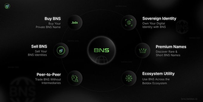 A dark-themed informational graphic centered on 'BNS' (Beldex Name Service), highlighting features such as 'Buy BNS (.bdx)', 'Sell BNS', 'Sovereign Identity', 'Peer-to-Peer' trading, 'Premium Names', and 'Ecosystem Utility'.