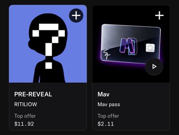 Two digital collectible listings are shown: a "PRE-REVEAL" NFT titled "RITILIOW" with a top offer of $11.92 featuring a pixelated figure on a blue background, and a "Mav pass" NFT with a top offer of $2.11 featuring a stylized "M" card design, relating to the user's post about minting @Ritiliow and engaging with @Mavericksdao.