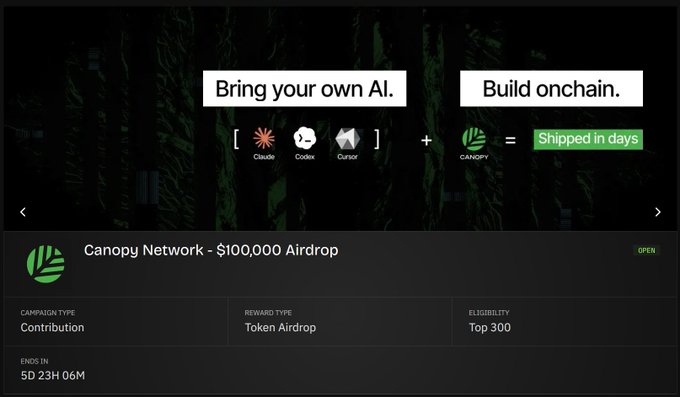 A webpage promoting 'Canopy Network - $100,000 Airdrop' with the tagline 'Bring your own AI. + Build onchain. = Shipped in days', featuring logos for Claude, Codestral, and Curlar AI tools, ending in 5D 23H 06M.