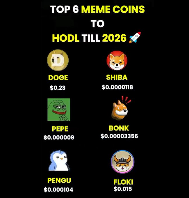 The image displays a graphic titled "TOP 6 MEME COINS TO HODL TILL 2026 🚀," featuring six meme cryptocurrencies with their tickers and current prices: DOGE ($0.23), SHIBA ($0.0000118), PEPE ($0.000009), BONK ($0.00003356), PENGU ($0.000104), and FLOKI ($0.015). The accompanying post categorizes each coin with a catchy descriptor—calling DOGE "The King," SHIB "The Original Killer," and so on—essentially turning the price chart into a quick-reference guide for which meme coins to watch in 2026.