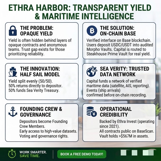 An infographic titled "ETHRA HARBOR: TRANSPARENT YIELD & MARITIME INTELLIGENCE" outlining six sections: The Problem: Opaque Yield, The Solution: On-Chain Base, The Innovation: Half Sail Model, Sea Verity: Trusted Data Network, Founding Crew & Governance, and Operational Credibility, with a "Book a Free Demo Today!" banner.