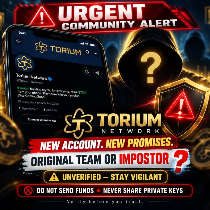 A dramatic Torium Network scam-warning graphic reads “URGENT COMMUNITY ALERT,” “NEW ACCOUNT. NEW PROMISES. ORIGINAL TEAM OR IMPOSTOR?” and “DO NOT SEND FUNDS • NEVER SHARE PRIVATE KEYS.”