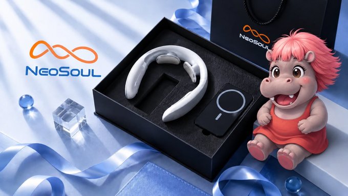 The image displays a NeoSoul branded electric neck massager, along with the brand's logo and a cute cartoon hippo character, alluding to the merchandise mentioned in the accompanying post. The NeoSoul logo is clearly visible, and the massager itself is the focal point of the image, directly relating to the "merch from @NeoSoulAI" mentioned.