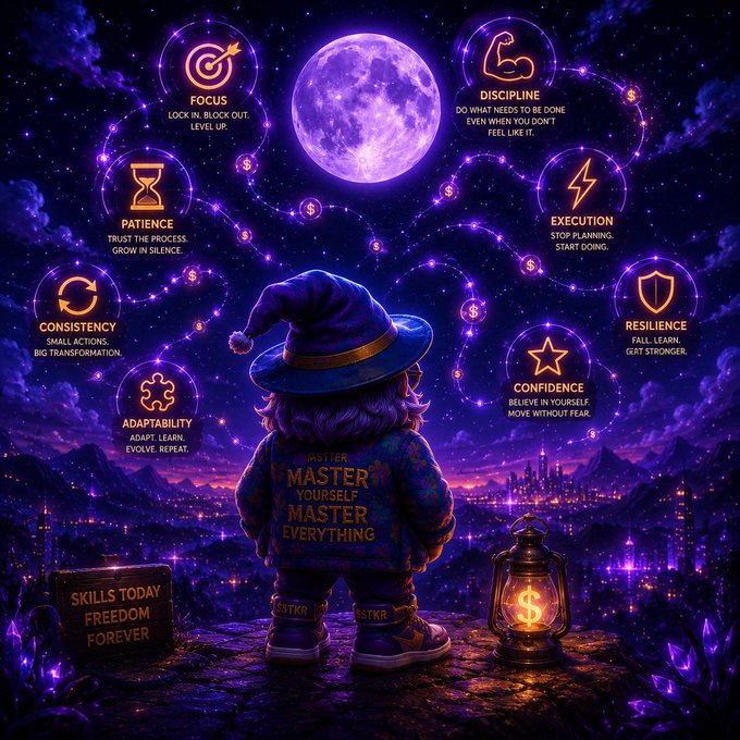 A mystical illustration features a wizard character looking at a purple moon, surrounded by icons and labels for virtues like FOCUS, DISCIPLINE, PATIENCE, EXECUTION, RESILIENCE, CONFIDENCE, ADAPTABILITY, and CONSISTENCY, with a 'Master Yourself Master Everything' jacket.