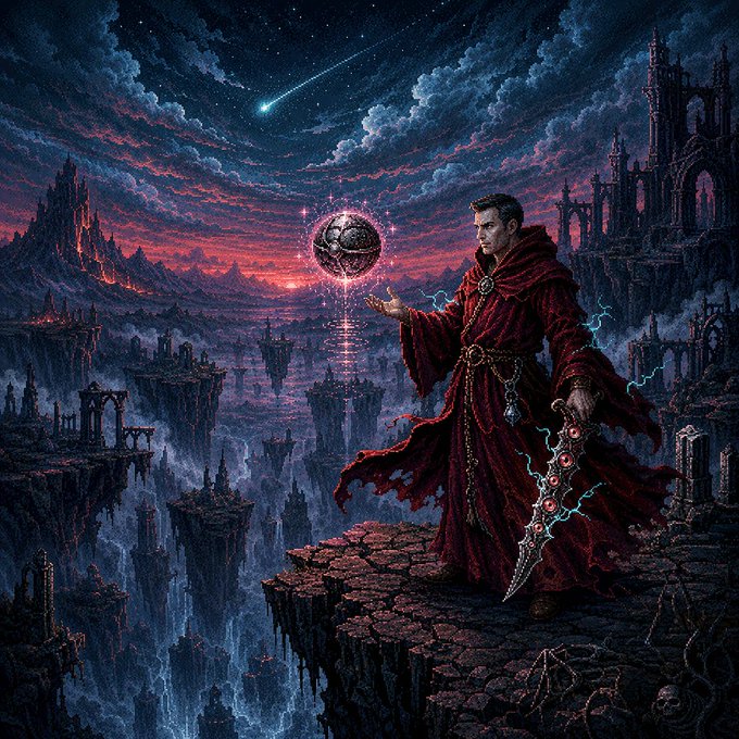 A fantasy digital artwork shows a sorcerer in red robes standing on a cliff edge, holding a glowing orb in one hand and a rune-etched sword in the other, against a dramatic landscape of floating castles and a twilight sky with a shooting star.