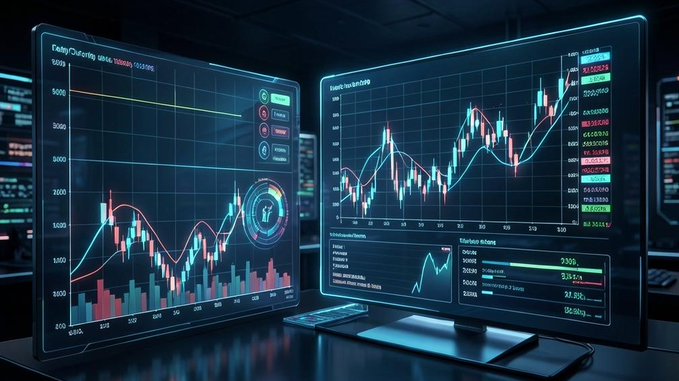 A futuristic dual-monitor trading setup displaying candlestick charts, trend lines, and various market data indicators in a dark, high-tech environment.