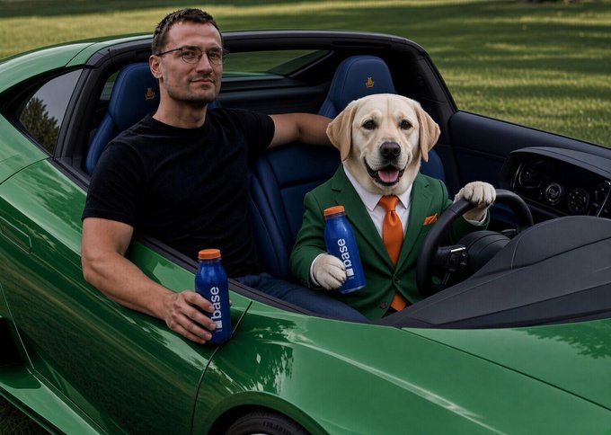 A man in a black t-shirt and an anthropomorphic dog in a green suit and orange tie sit in a green convertible, both holding blue 'Base' branded water bottles.