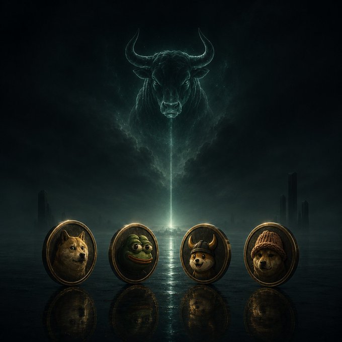 A spectral bull looms ominously over four crypto coins—DOGE, PEPE, FLOKI, and WIF—suspended on a dark reflective surface, as a beam of light descends from the bull toward them. The image dramatizes the post's urgent warning of an imminent market surge ("the big one's coming"), urging viewers to abandon mundane side hustles and return to trading.