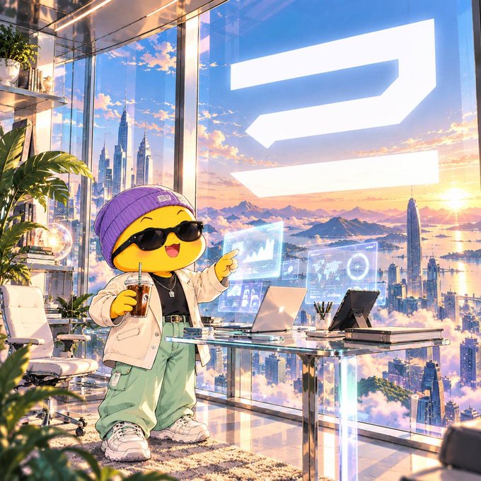 A digital illustration of a yellow emoji-like character wearing a purple beanie and sunglasses, standing in a modern high-rise office with floor-to-ceiling windows showing a futuristic city skyline, holding an iced coffee and pointing at holographic stock displays with the letter 'D' glowing above.