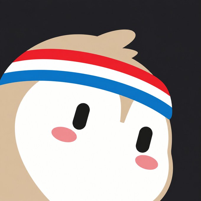 A cute cartoon character with a red, white, and blue headband smiles against a black background.