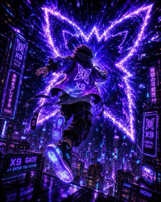 A cyberpunk-style digital artwork of a figure in glowing purple attire with butterfly wings and 'X9' branding, with signs reading 'X9 GATE >> ENTER THE FUTURE' and 'X9 PORTAL READY'.