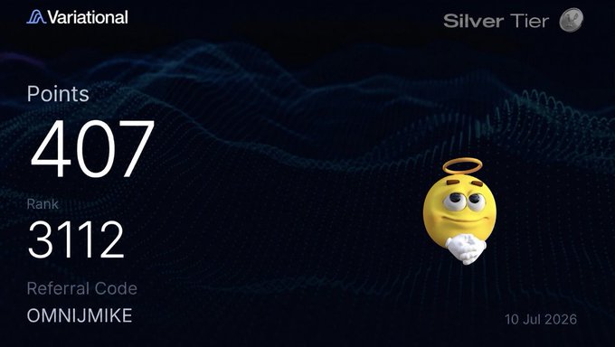 Variational 'Silver Tier' rewards card showing 407 Points, Rank 3112, Referral Code 'OMNIJMIKE,' dated 10 Jul 2026, with an angel emoji.