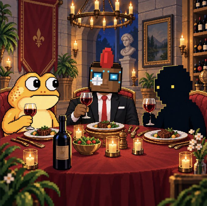An illustrated scene of three characters—a frog, a person in a suit with a pixelated head, and a dark hooded figure—sitting at an elegantly set dining table with wine, candles, and gourmet food in a medieval-style room.