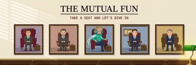 An illustration titled 'THE MUTUAL FUN - TAKE A SEAT AND LET'S DIVE IN' showing five framed pixel-art portraits of men in suits seated in armchairs, with one wearing a crown and cape.