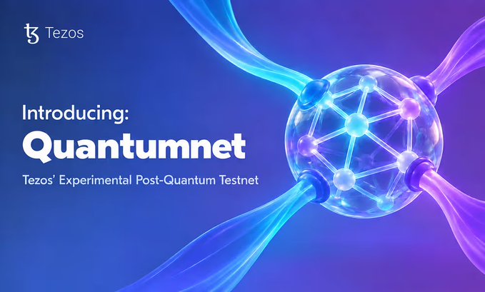 A Tezos promotional graphic introducing 'Quantumnet' as Tezos' Experimental Post-Quantum Testnet, featuring a glowing spherical molecular network design in blue and purple.