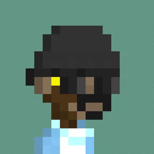 A pixel art illustration of a person with dark skin, black hair, and wearing a light blue shirt against a teal background.