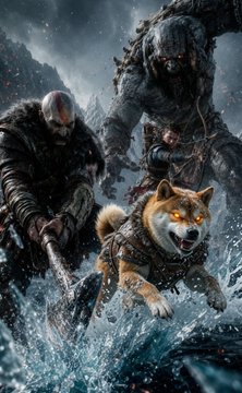 The image features a man holding an axe, with a dog running towards him. In the background, there are two other people standing behind the dog. The caption of the image reads "$DOGE never gives up or surrender We run head first into danger and dominate The force is unmatched $DOGE". This suggests that the dog might be a powerful creature, like a dragon or a monster from a video game, and it is determined to protect its owner (the man) at all costs.

The image also includes text elements such as "dog" and "$DOGE", which further emphasize the theme of the scene. The overall atmosphere seems intense and action-packed, with the dog's aggressive behavior towards the man and the other person in the background.