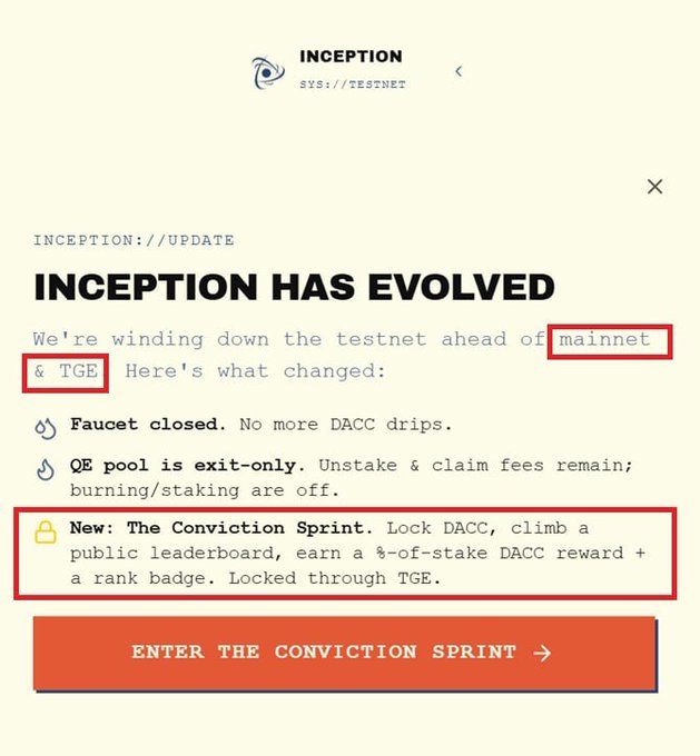 The main focus of this image is an email message or chat window that provides information about a change in the Inception Sprint. It discusses the evolution of the DAC Chain, which is a popular cryptocurrency project involving faucets (like in the movie The Wolf's Bone), pools, and smart contracts. The email has a tone indicating it might be discussing a challenge or an update on a recent issue with the project, and there are red and orange elements in the layout that provide additional context to the information being conveyed.