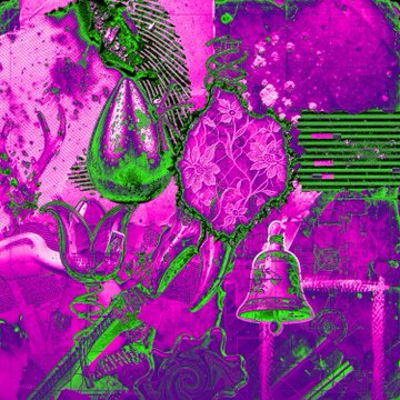 A vibrant, glitch-art style digital illustration dominated by magenta and neon green hues, featuring elements like a bell, a rose, teardrop shapes, and a face/head silhouette with glitchy distortion effects, evoking a chaotic NFT aesthetic. The image visually complements the post's theme of upcoming NFT drops, with its psychedelic, crypto-art vibe aligning with collections like "Ghosts of Sherwood" and other featured digital artworks.