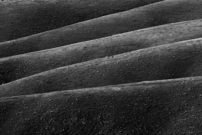 A black and white close-up image of textured, ridged sand or soil formations with curved, dune-like patterns.
