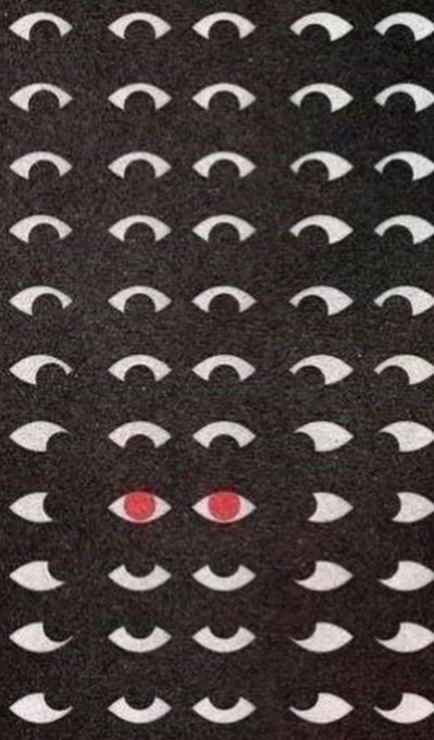 An optical illusion artwork featuring a repeating grid of white crescent/eye shapes on a dark background, with two red eyes hidden among the pattern that appear when viewed at a distance.