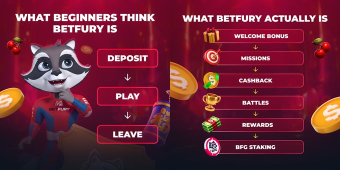 An infographic compares 'WHAT BEGINNERS THINK BETFURY IS' (Deposit, Play, Leave) with 'WHAT BETFURY ACTUALLY IS', listing features like Welcome Bonus, Missions, Cashback, Battles, Rewards, and BFG Staking.