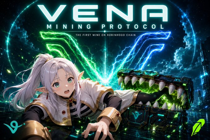 Promotional banner for 'VENA MINING PROTOCOL - THE FIRST MINE ON ROBINHOOD CHAIN' featuring an anime-style elf character with white hair and a glowing green treasure chest in a futuristic setting.