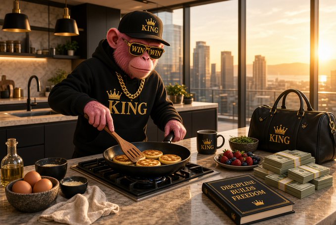 An AI-generated image shows a pink monkey wearing a black hoodie and cap that read 'KING' and 'WIN WIN', cooking pancakes in a modern kitchen with stacks of cash and a book titled 'DISCIPLINE BUILDS FREEDOM' nearby.