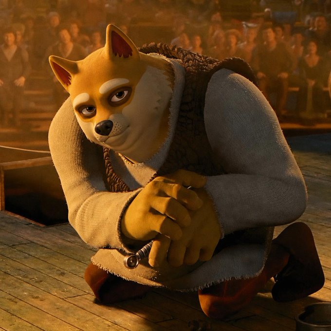 A Shiba Inu dog character in martial arts attire with a sad expression, appearing to be from a video game or animated film.