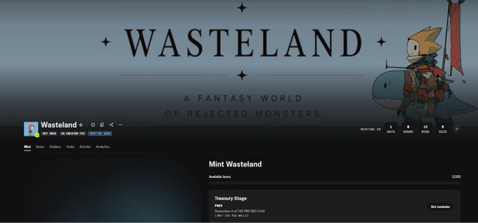 Twitter/X profile banner for the Wasteland NFT project with the tagline 'WASTELAND - A FANTASY WORLD OF REJECTED MONSTERS', showing a Mint Wasteland page with Treasury Stage details.
