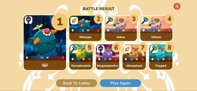 A battle result screen from a game ranking players: 1st iijji, 2nd Nixtape, 3rd Inkos, 4th Initom, 5th Kuradenshin, 6th kingalejandro, 7th chicophyst, 8th Tuygod.