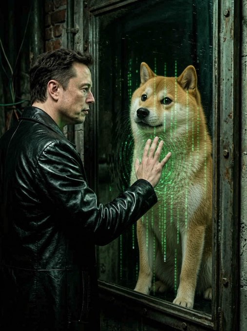 A cinematic image of a man resembling Elon Musk in a black leather jacket touching a glass surface, behind which appears a Shiba Inu dog overlaid with green digital matrix-style code.